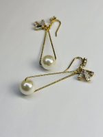 Golden Chain Pearl Drop Earrings (Adorned with Zircons) - Image 4