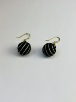 Black and White Striped Fabric Ball Drop Earrings