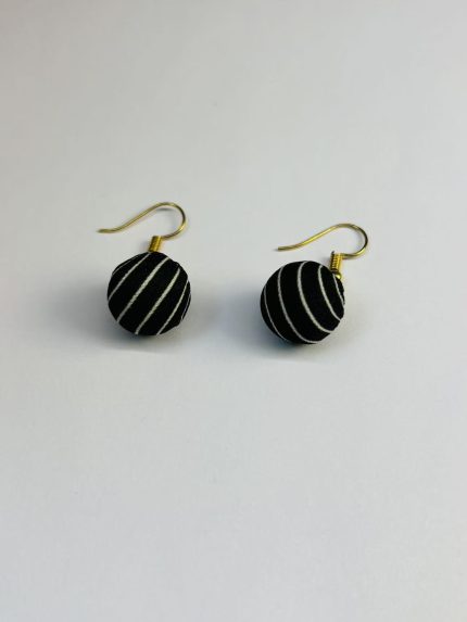 Black and White Striped Fabric Ball Drop Earrings