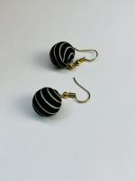 Black and White Striped Fabric Ball Drop Earrings - Image 2