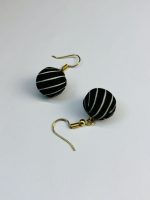 Black and White Striped Fabric Ball Drop Earrings - Image 4