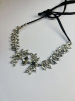 Silver-Toned Crystal Leaf Statement Necklace with Black Ribbon Tie