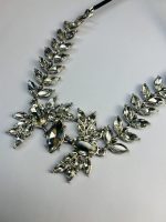 Silver-Toned Crystal Leaf Statement Necklace with Black Ribbon Tie - Image 2