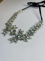 Silver-Toned Crystal Leaf Statement Necklace with Black Ribbon Tie - Image 3