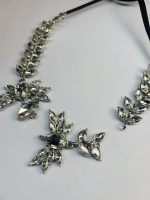 Silver-Toned Crystal Leaf Statement Necklace with Black Ribbon Tie - Image 4