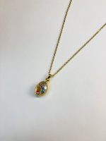 Gold-Toned Oval Pendant Necklace with Colorful Inlay